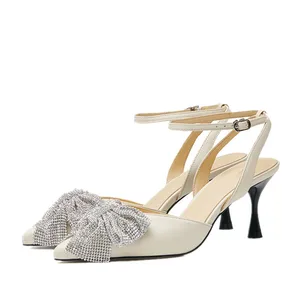 Women Ivory Slingback Pumps Rhinestone Bow Accent Sculpted Stiletto Heel Classic Festival Comfort OEM ODM Custom Manufacturing