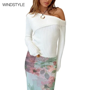 Autumn Sexy Slim Fit Female Sweater Slant Shoulder Lapel Long Sleeve Solid Color Breathable Asymmetrical Pit Short Length