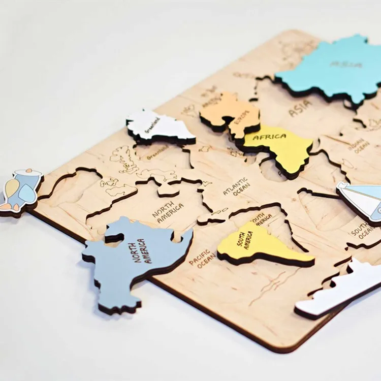 Wooden World Map Puzzle Colour Printing Montessori Puzzle Map for Child