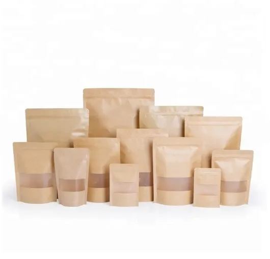 Resealable Custom Printed Packaging Coffee Tea Doypack Zipper Stand up Pouch Brown Kraft Paper Bags With Clear Window