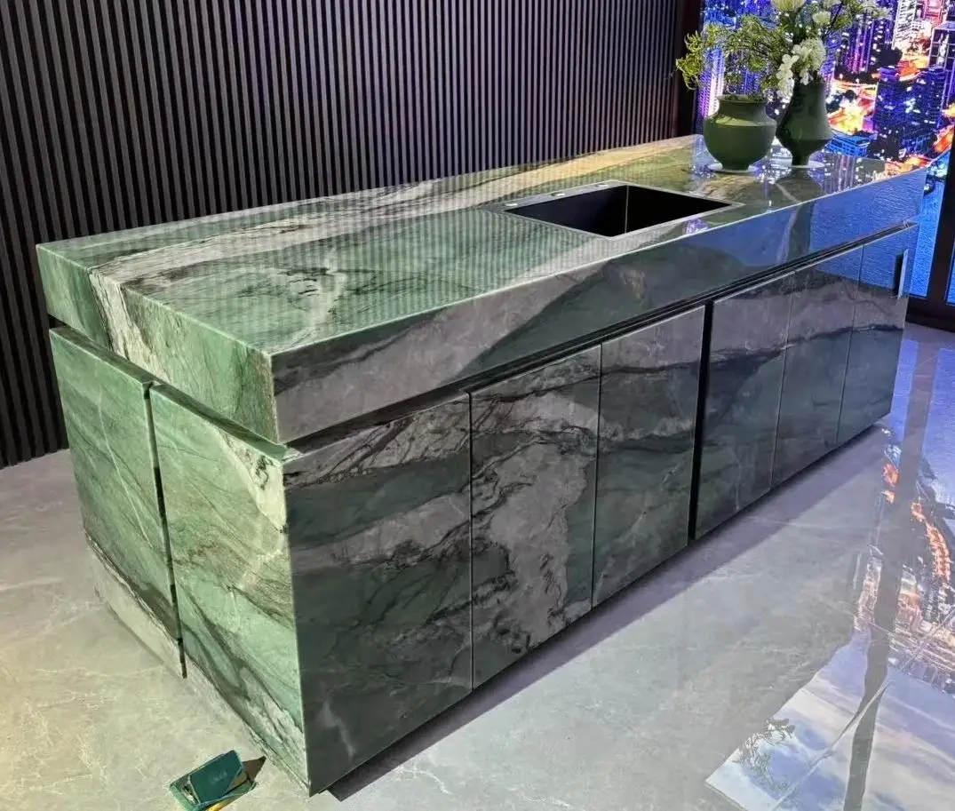 Modern Luxury Green Marble Countertop Natural Stone Kitchen Vanity Top Industrial Design Polished Surface for Island Table Top