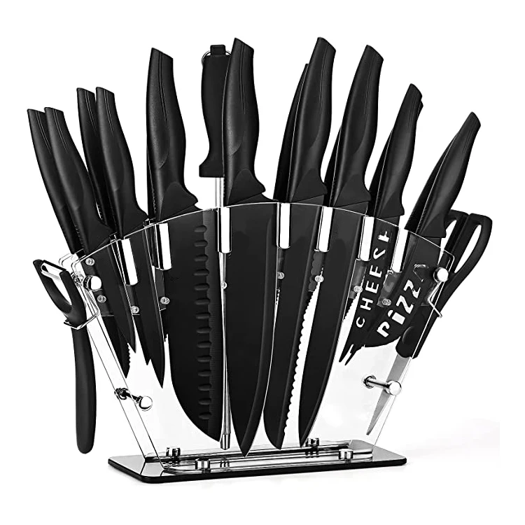 Everrich Protection Butcher Classic Utility Stainless Steel 19-Piece Kitchen Knife Set Scalloped Edge Blades Ambidextrous