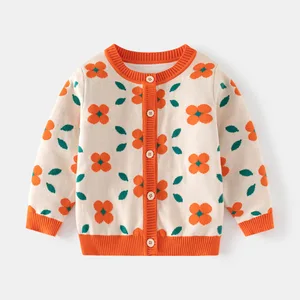 Manufacturer's Girls' Double-Layer Cotton Cardigan Floral Knit Sweater for Autumn Seasons