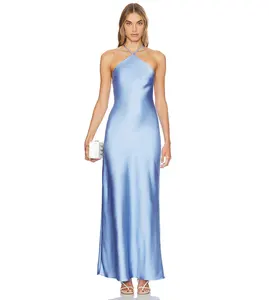 Customized Satin Maxi Dress Women Halter Back Lace-up Club Party Long Dress