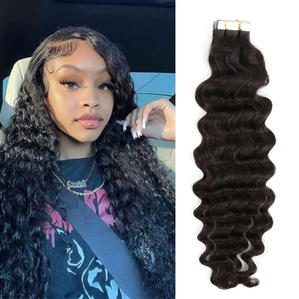 Invisible Tape In Human Hair Extensions Deep Wave Natural Colour_voghion.com