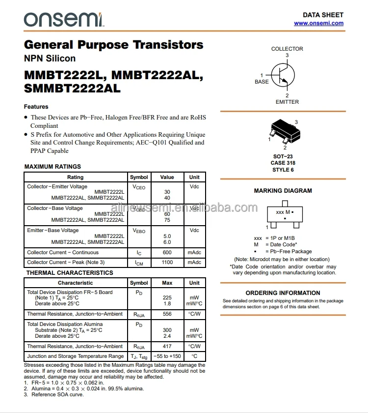 Hot sale Original MMBT2222ALT1G TRANS NPN 45V 0.8A SOT23-3 Bipolar (BJT) Transistor NPN 45 V 800 mA 100MHz 310 mW Surface Mount