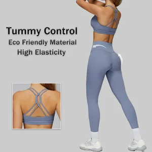 High Quality OEM Sport Outfit Tummy Control Leggings High Support Backless Cross Yoga Bra 2pcs Ladies Pilates Tight Set for Girl