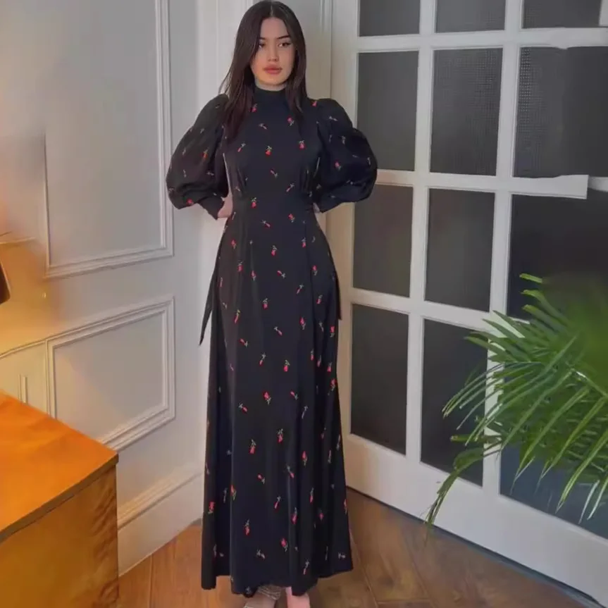 Spring Gentle Loose Lace-up Little Cherry Print Satin Dress Long Sleeve  Dress