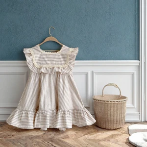 Summer Striped Ruffled Edge Girls' Loose-fitting Elegant Dress Baby Crawling Outfit Sister Clothes for Kids