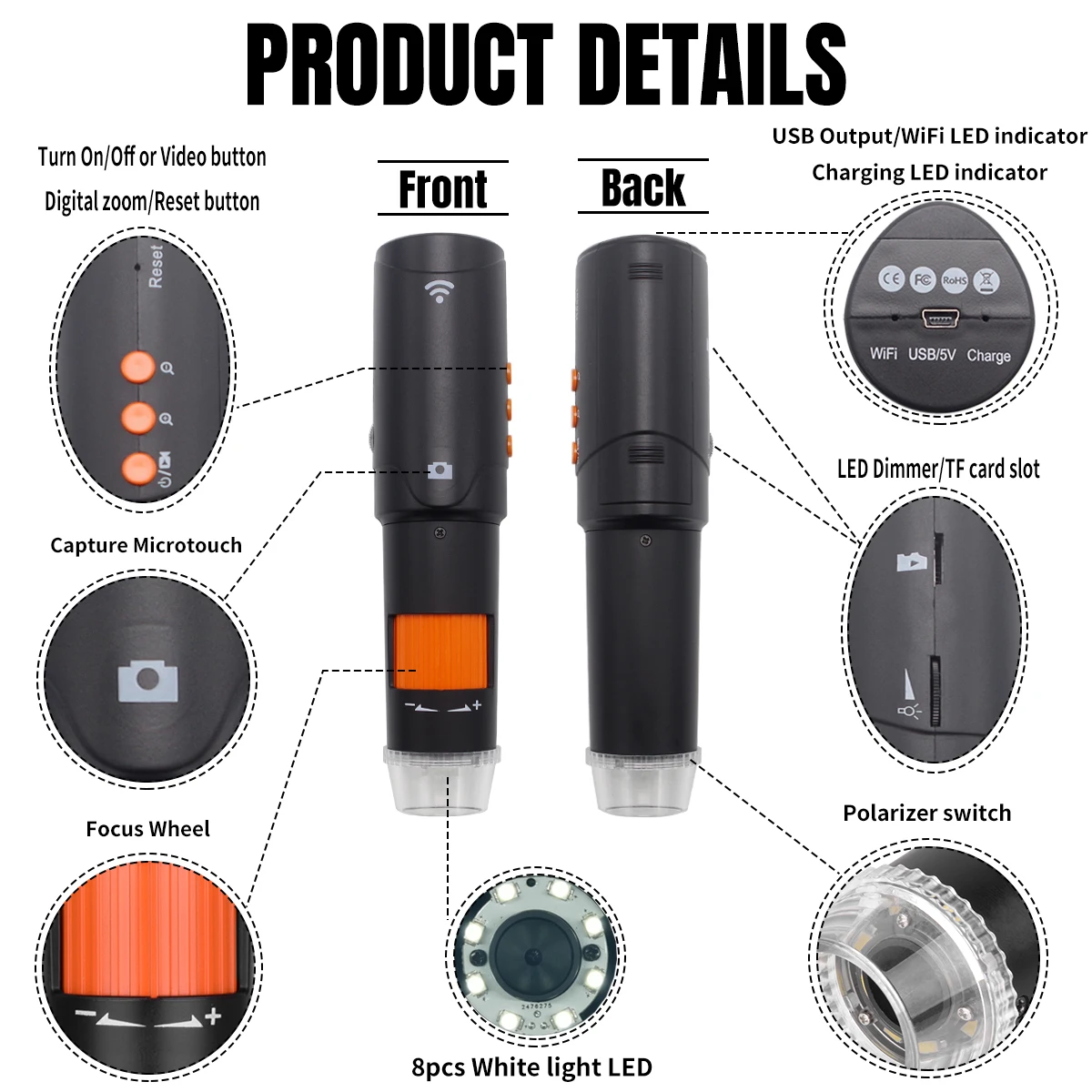 Polarizer Digital Dermatoscope for IOS Android Mobile Used in Medical Clinic Mole Analyzer