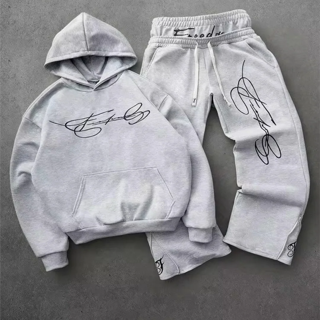 Brugerdefineret streetwear-producent: Høj kvalitet skærmtryk, herres tracksuit, tung zip-up hoodie og sweatpants, 2-delset, OEM, i bulk