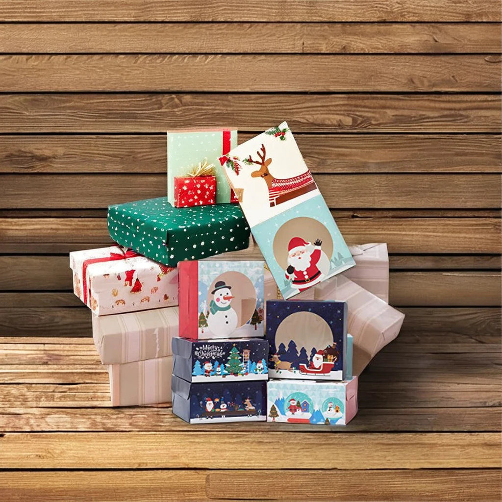Caja de regalo navideña personalizada de papel kraft con ventana, para caramelos, galletas, productos de repostería, copos de nieve, nueces y otros dulces; con barnizado y asa, apta para uso festivo