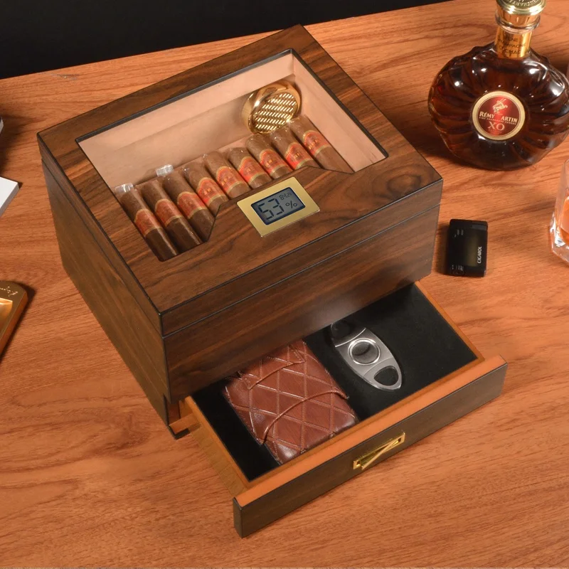 Large Capacity Desktop Cigar Humidor Classic Glass-Top Wooden Storage Box with Modern Design Style for Dubai Gift Box