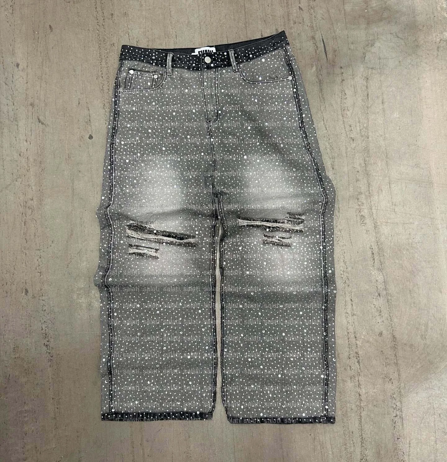Salati Manufacturer Men's High Loose Glitter Print Ripped Bootcut Jeans Acid Wash Distressed Vintage Rhinestone Button Oversized gallery 2