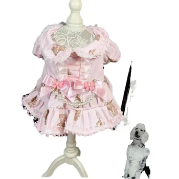 Luxury Cotton Pink Bear Dog Dress for Puppy Dogs Lolita Pet Apparel for Spring and Autumn Available in Medium and XL Sizes