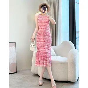 Miyake Casual Summer Dress Pleated Large Size Sleeveless Tassel Dress Pink Seaside Vacation Look with Simple Style