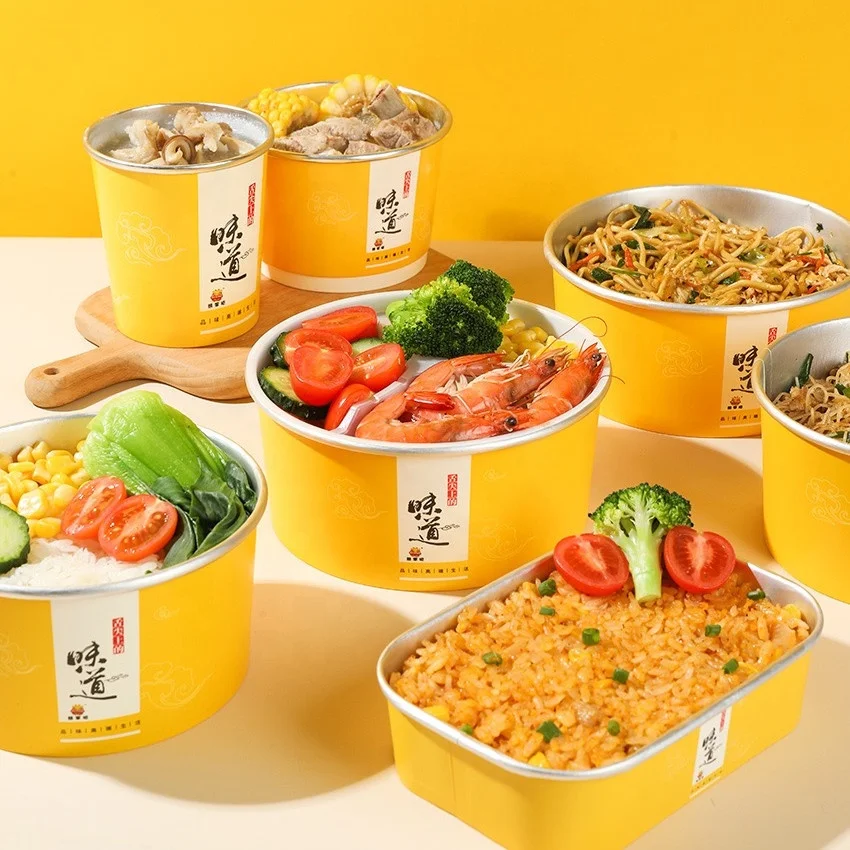 Custom Printing Round Shape Rectangular Paper Bowl Aluminum Foil Packaging Bag Food Container for Fruit Noodle Rice with Lid