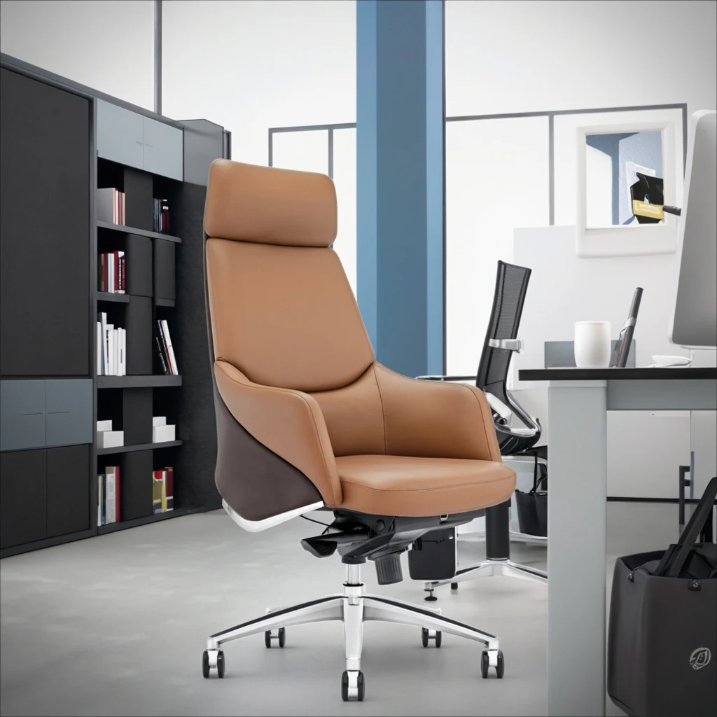Premium Executive Leather Chair Synchronous Tilt System Frosted Alloy Legs Corporate Status Piece 2