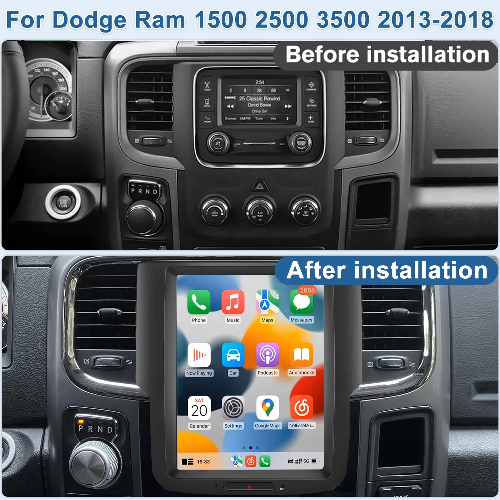 JYT 9.7 Inch 4G Carplay Android Auto Radio Wired Wireless GPS Navigator 2 Din Dodge Ram 1500 2500 3500 201 -2018 Frame for Car