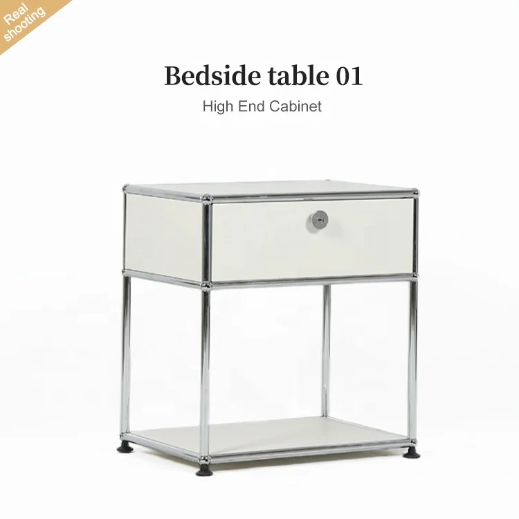 Modern Simple Stainless Steel White Nightstands Modular Metal Bedside Table for Bedroom Hotel Villa Apartment