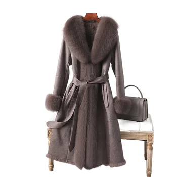 women real rabbit fur skin long coat with bigger fox fur long collar and sleeves cuffs plus size fur coat