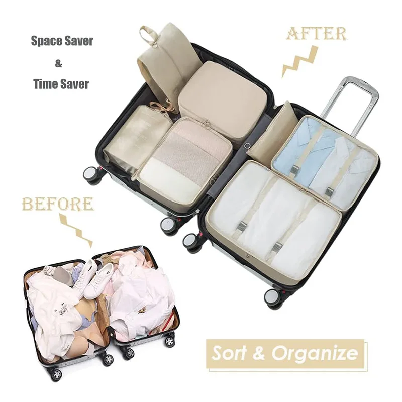 Cubes d'emballage 7/8/9/10 pièces ensemble organisateur de voyage sacs de rangement valise emballage Cubes ensemble étuis Portable bagages vêtements chaussure bien rangé pochette Poids léger