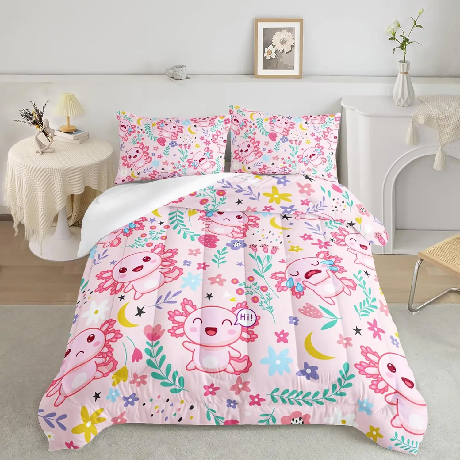 Set di biancheria da letto per bambini Kawaii Axolotl, con motivo animale, per ragazze, con motivo animale, con motivo floreale, per letto singolo, con 1 federa, cerniera