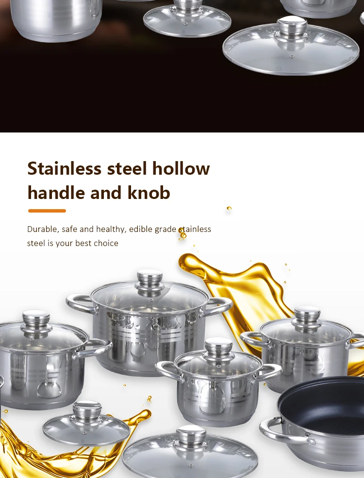 Home Kitchenware Cooking Soup Pots And Pan Sets Stainless Steel Cookware Sets With Glass Lid factory