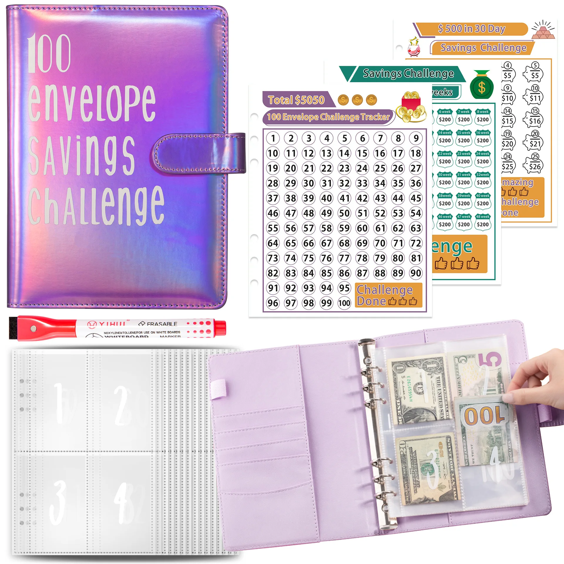 100 Envelope Saving Challenge, A5 Classeur Budget avec Challenge Tracker & Copartients D
