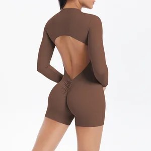 Backless Zipper One-piece Yoga Suit Butt-lifting Yoga Suit Long-sleeved Shorts One-piece Suit