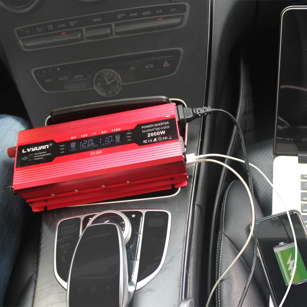 Dual Output Socket DC 12 Volt AC 110V Inverter 2000W Modified Sine Wave Power Supply Converter USB Adapter With LCD Display