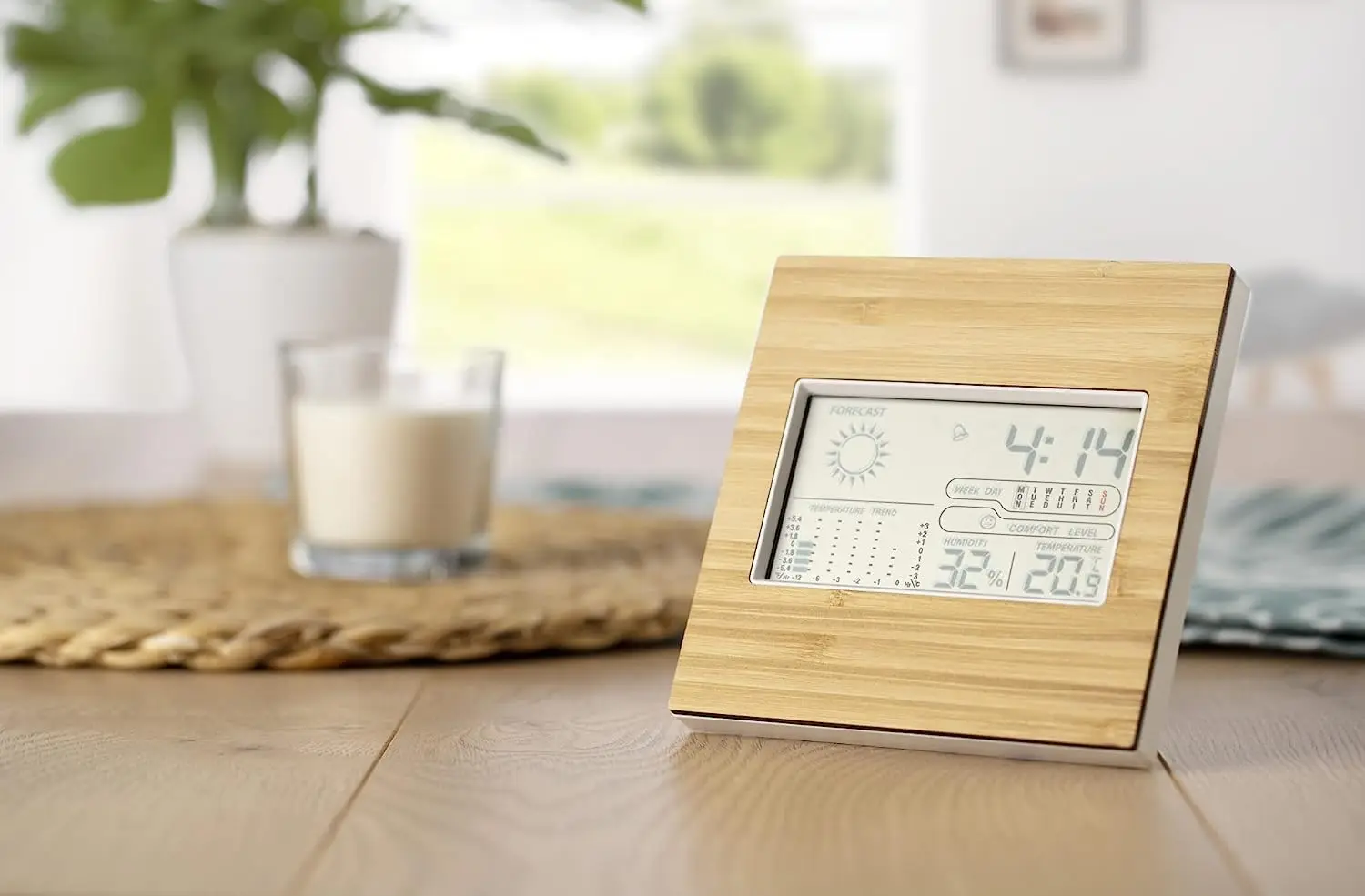 Bamboo Wooden Digital Home Weather Station Alarm Clock with Date,Humidity,Weather Forecast,Temperature