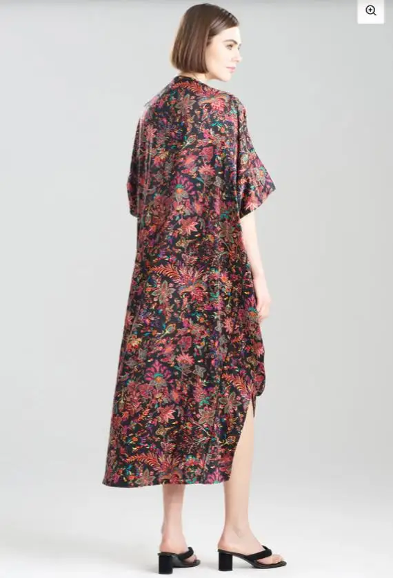 2025 Granada V- Neck Caftan Floral Print Sleeping Wear Muslim Women Loose- Weight Long Dress for Summer Short Sleeve Side Slits