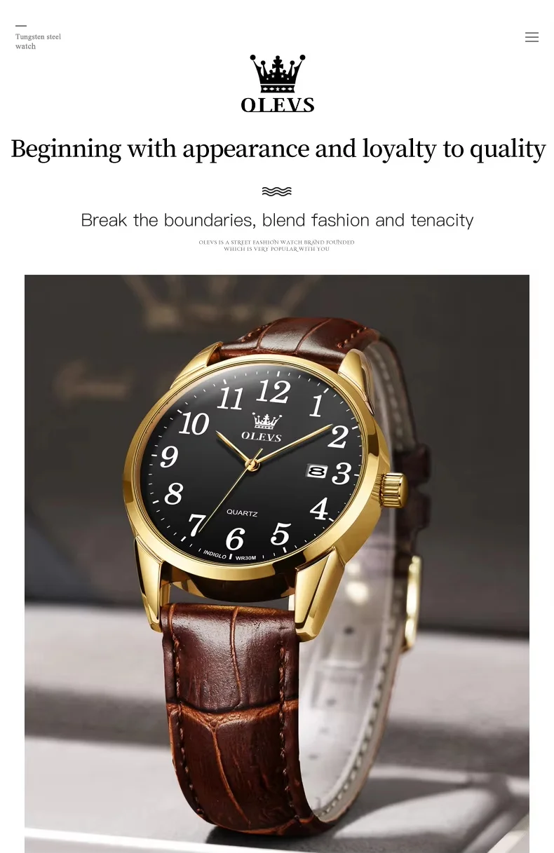 Fashion Brand OLEVS Watch 5566 Popular Sports Men's Watch Quartz Movement Date Leather Band 30M Waterproof Watch
