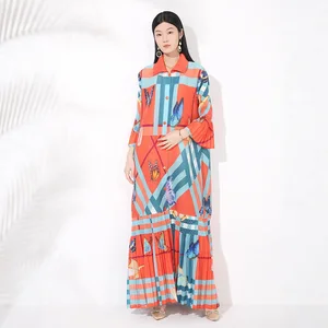 Summer Latest Design Women Fashion Dress Design Loose Stretchable Printed Pleated Dress Polyester Shirt Dress