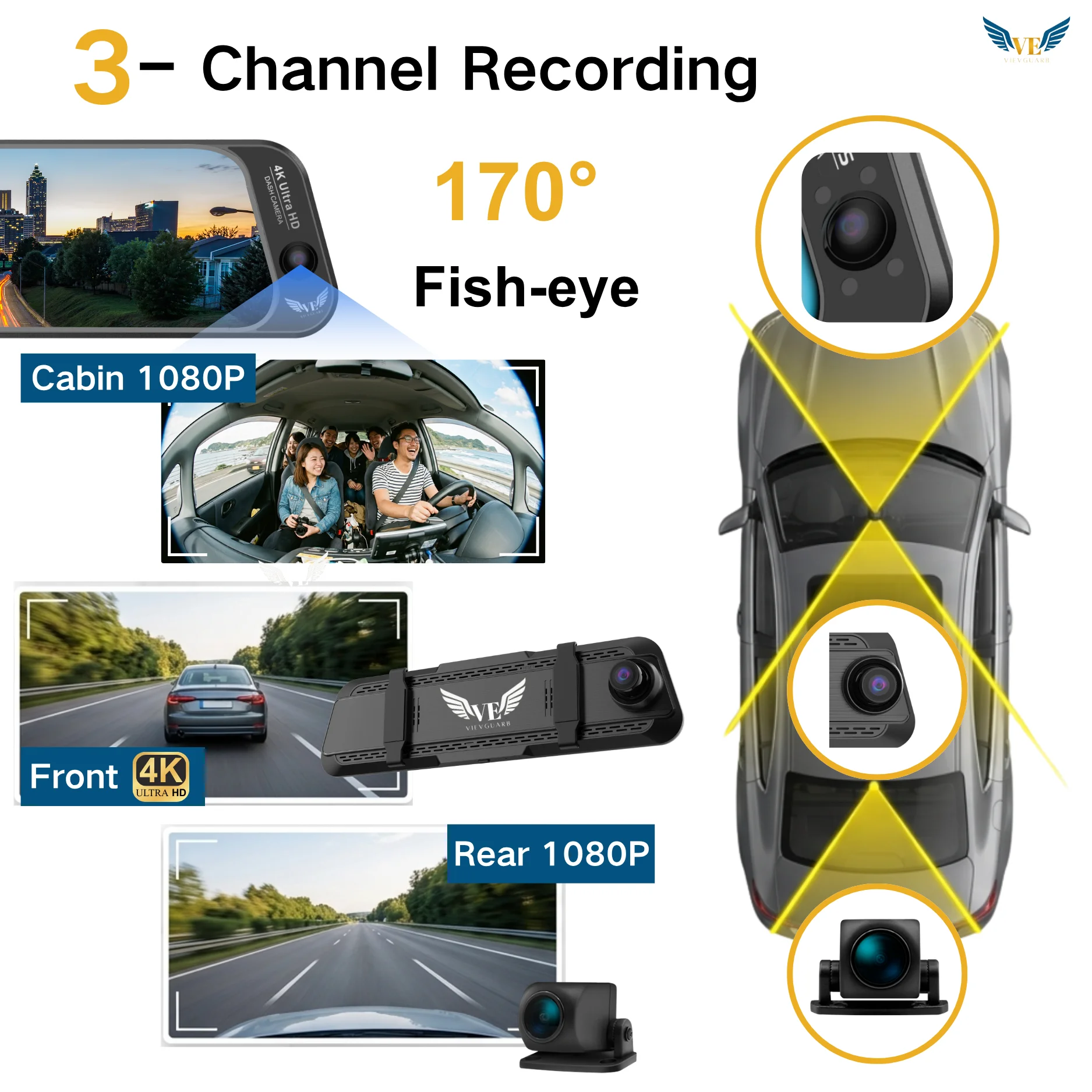 3 Channels 4K+1080P+1080P Three Lens 4K Dash Cam 170° Fisheyes Dash Cam WiFi ADAS Mirror Dash Cam Touch Screen Car Black Box