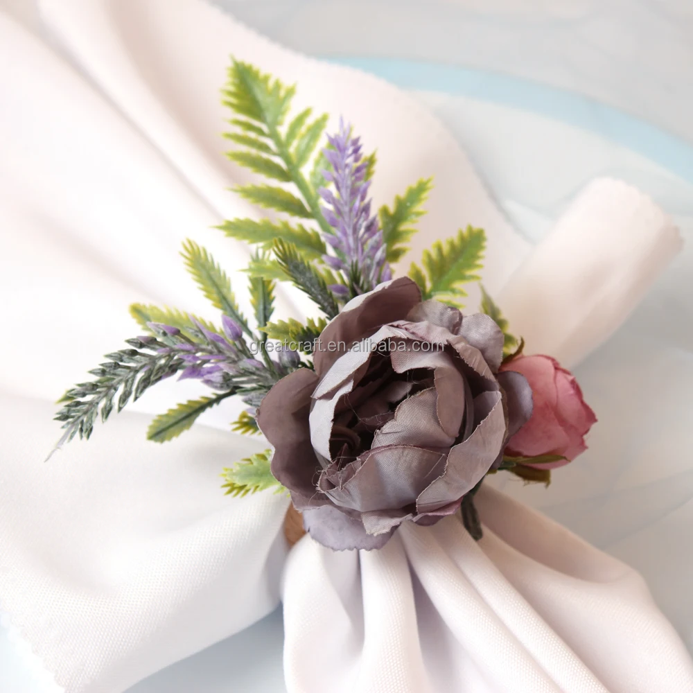 Handmade Artificial Flower Purple Rose Lavender Leaves Napkin Rings For
