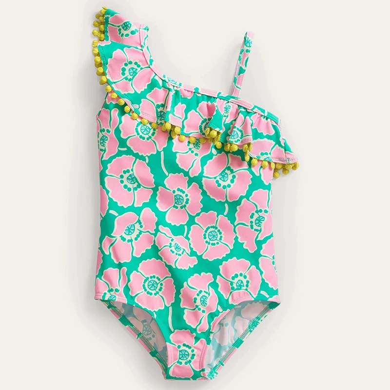 2023 New Arrival Children Pom Pom Swimwear Kids Girl Floral Ruffled One Piece Green Asymmetric Child Bathing Suit
