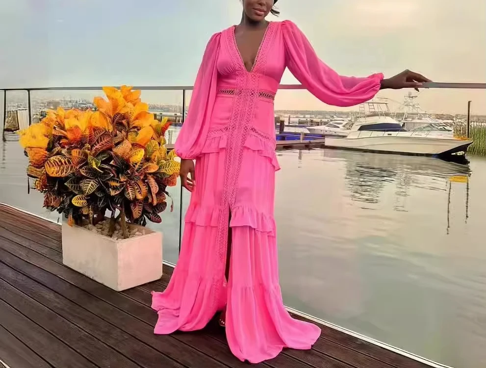 Wholesale African Kitenge Designs Elegant Cute Fancy Long Sleeve V Neck Maxi Slim Fit Chiffon Beautiful Party Dress For Women