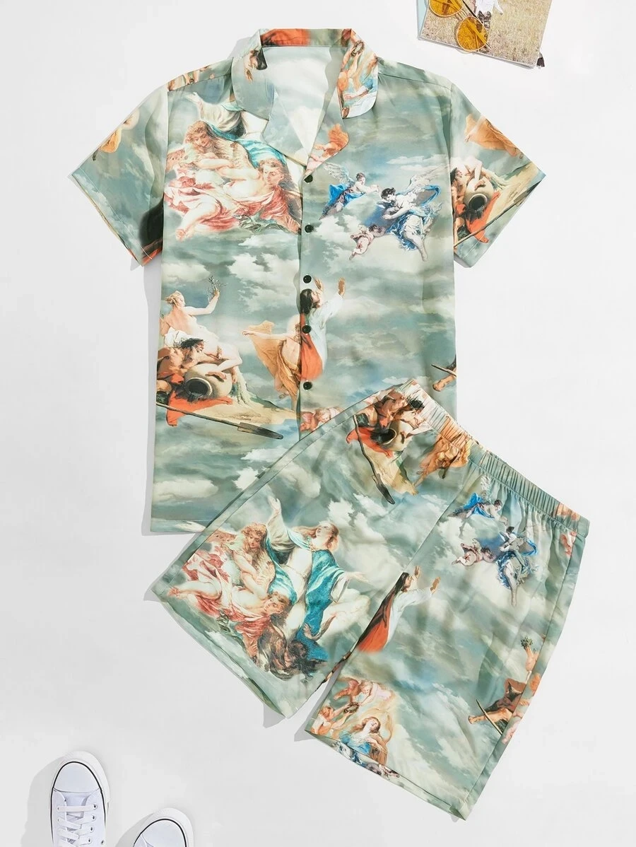 Men's Summer Set Shirt And Short Two Pieces Fashion Clothing Men's Viscose& Lyocell Statue Print Cabana Shirt For Men