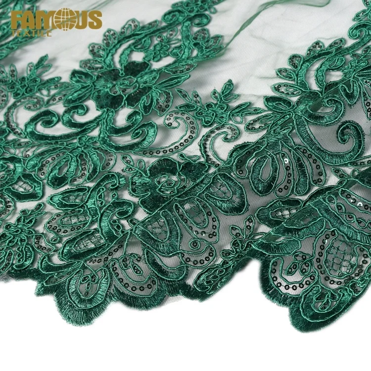 Modern Style Dark Green Color Sequin Luxury Cord Flat Embroidery Lace Fabrics for Evening Dress