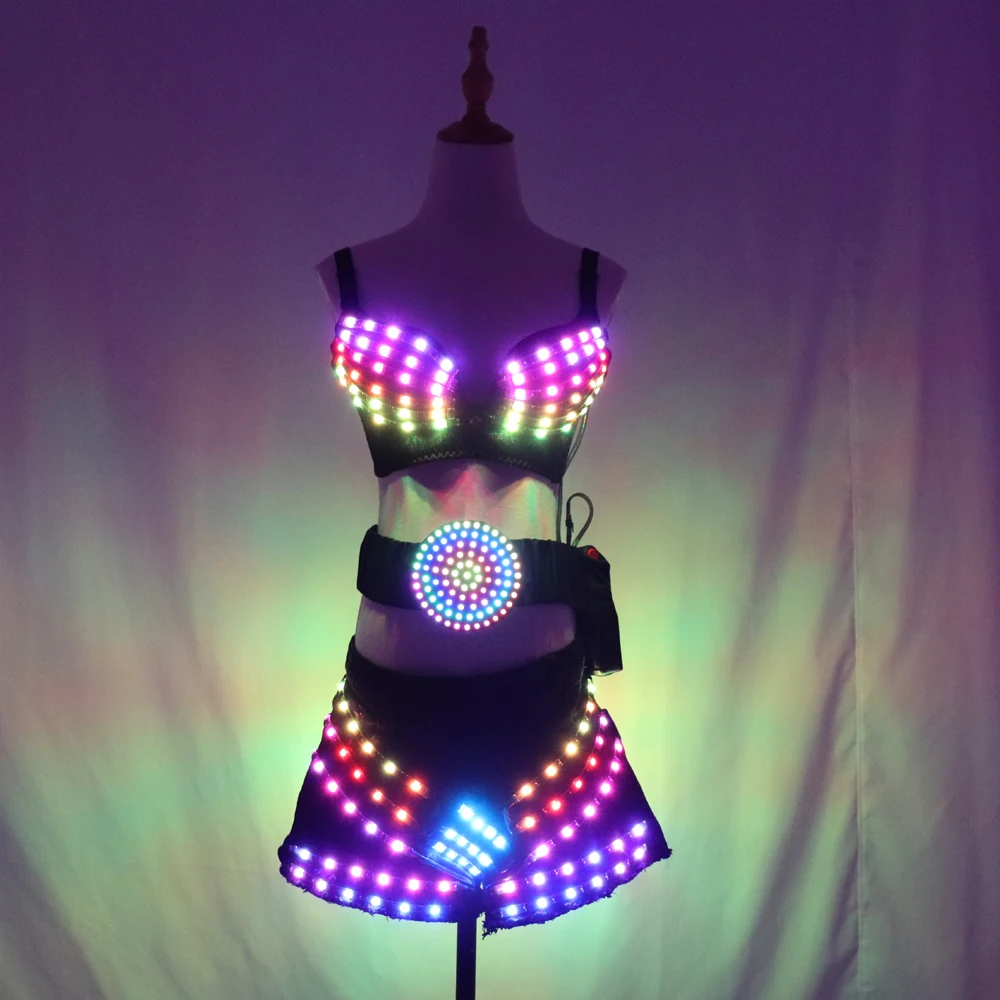 Full-Color LED Luminous Light Party Skirt Sexy Girl LED Light Costumes Ballroom Dance Outfit for Adults Unisex DJ DS Bra Suit