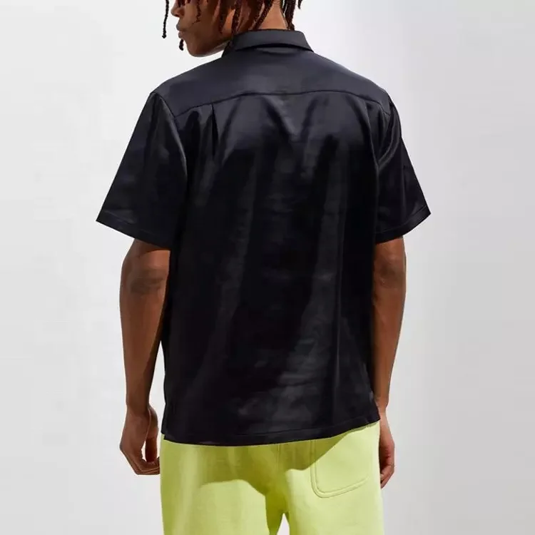 JL121R Men’s Polo Manufacturers Black Streetwear Short Sleeve Button up Casual Silk Satin Man Solid Color Shirt