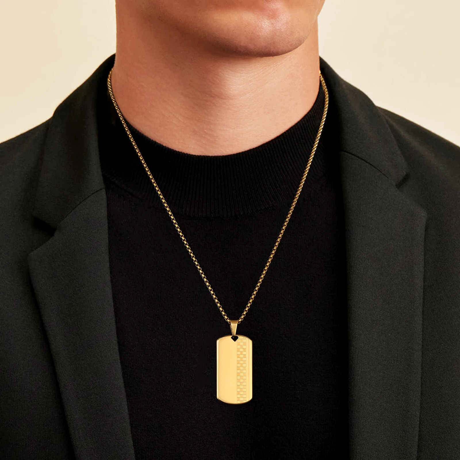 Personalized 18K Gold Plated Fashion Jewelry Women Men's Stainless Steel  Custom Engravable Dog Tag Pendant Box Chain Necklace