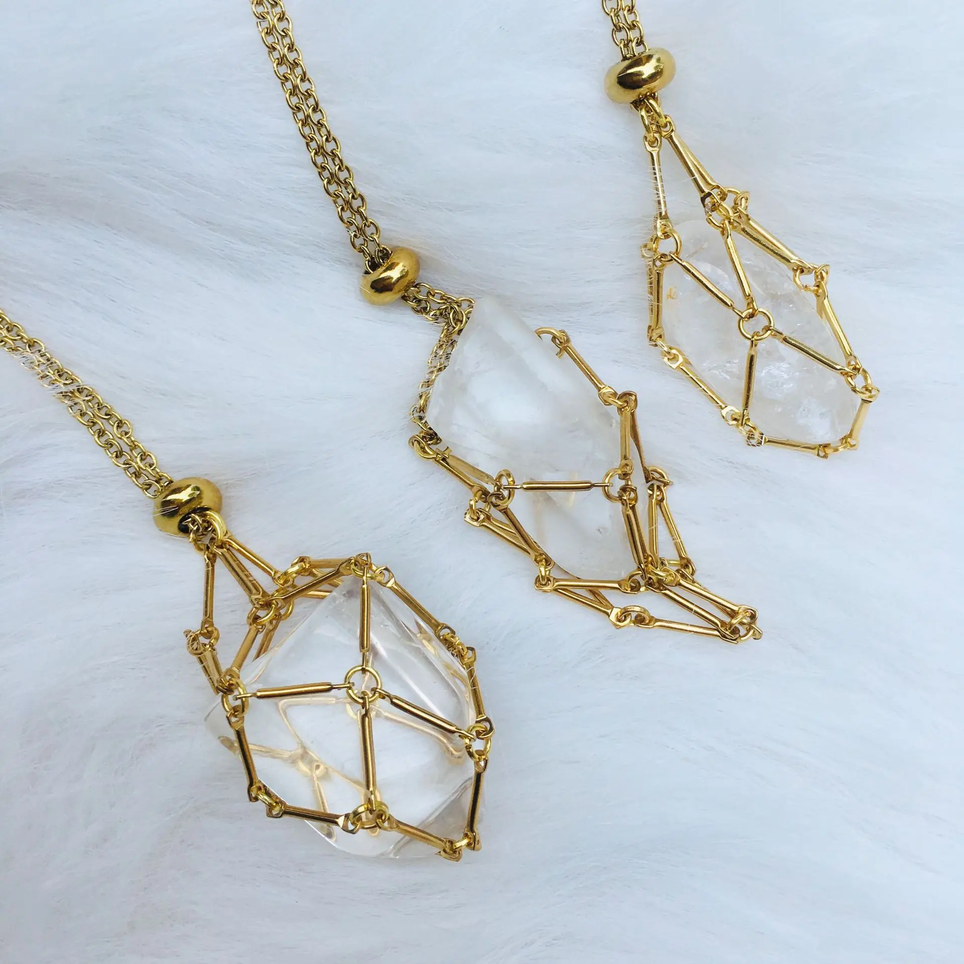 Gold Tone CAGE Necklace Healing Crystal Cage Necklace Gold tone