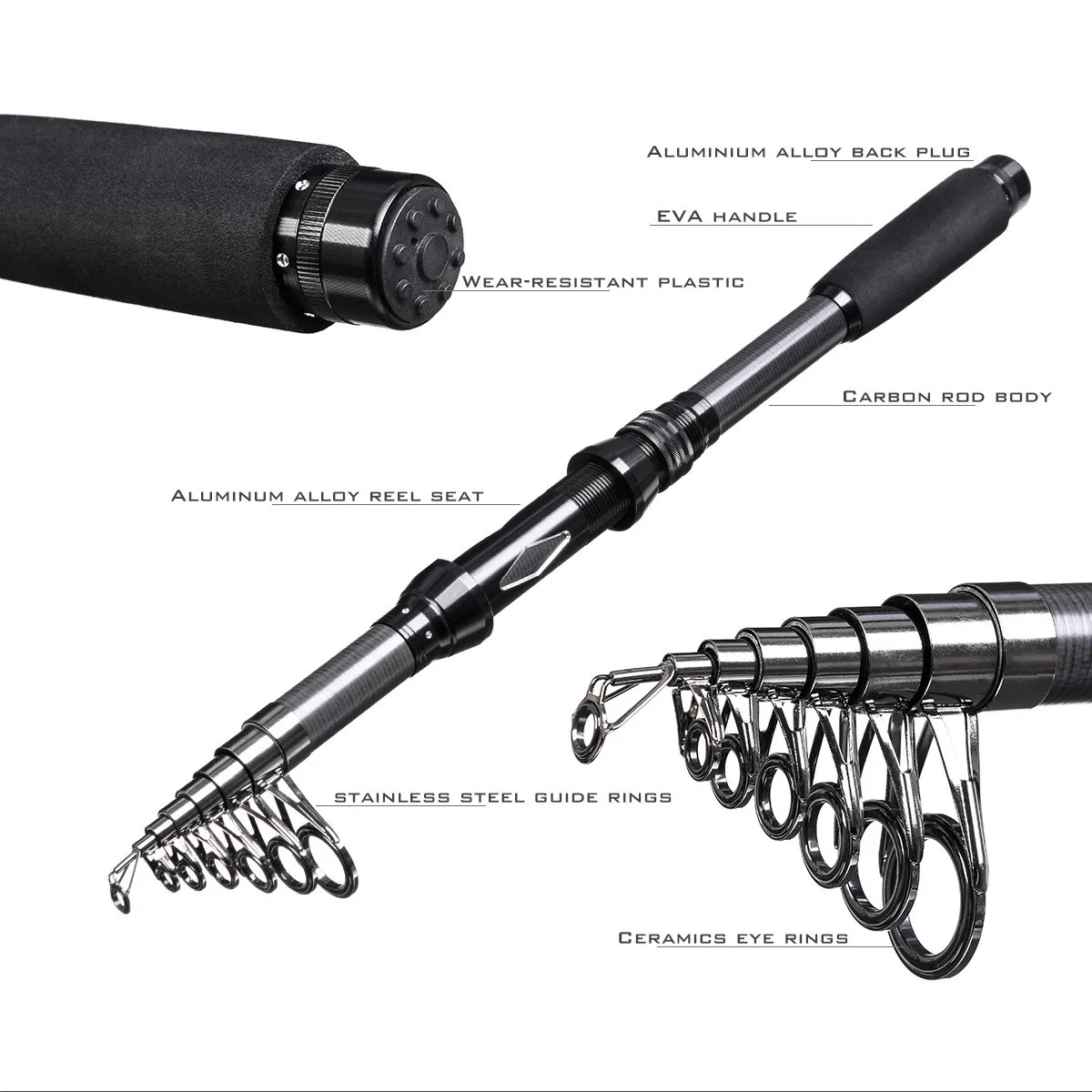 Telescopic Fishing Rod Folding Stainless Steel Comfortable Reel Seat  Portable Carbon for Salmon Travel Sea - Black, 2.4m