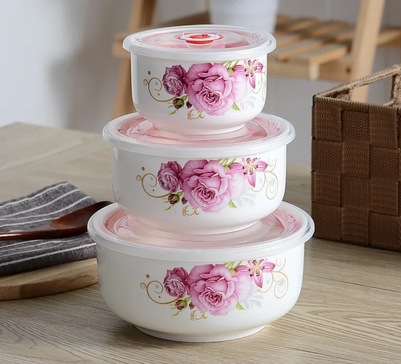 KC-00666 ceramic serving bowls with plastic lid,porcelain fresh seal bowls.