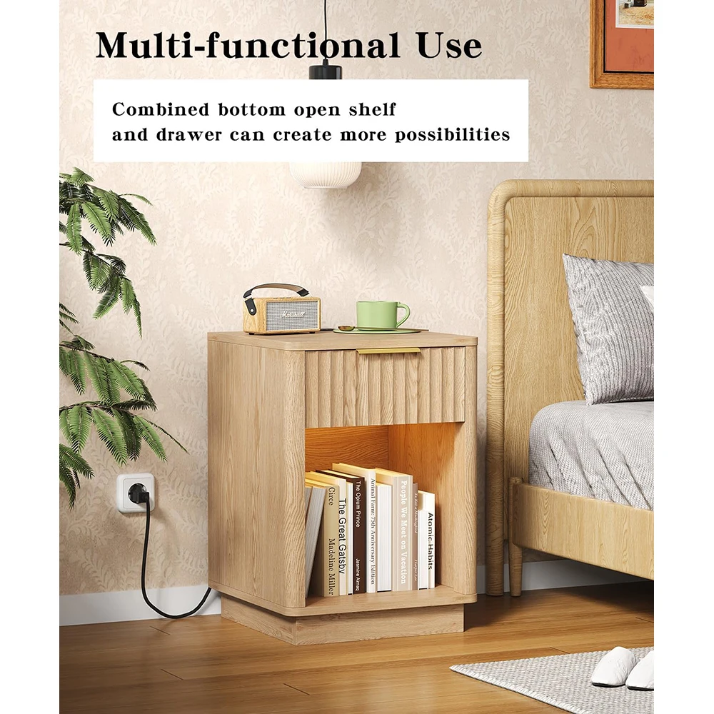 product nu deco mh25827 modern mid century wooden nightstand charging station led light drawer 15dx157wx226h bedroom natural oak-1