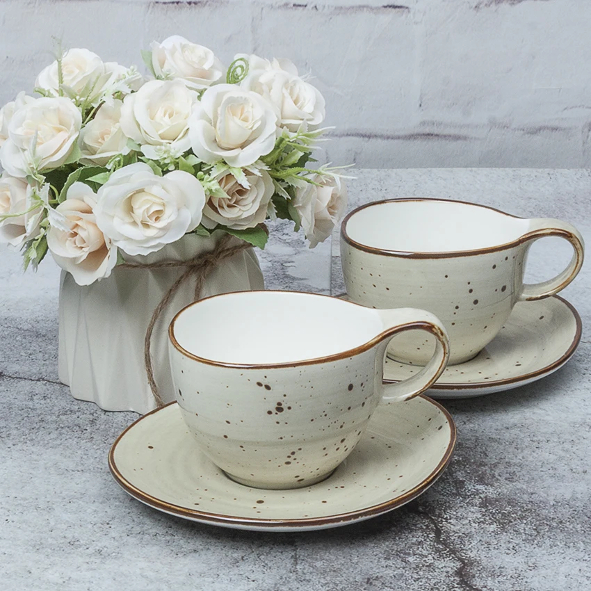 Bestseller Rustikales Keramik Latte Cappuccino Tassen-set 2-teilig Handbemaltes Porzellan Vintage Kaffee Tee Espresso Tassen Und Untertassen Set