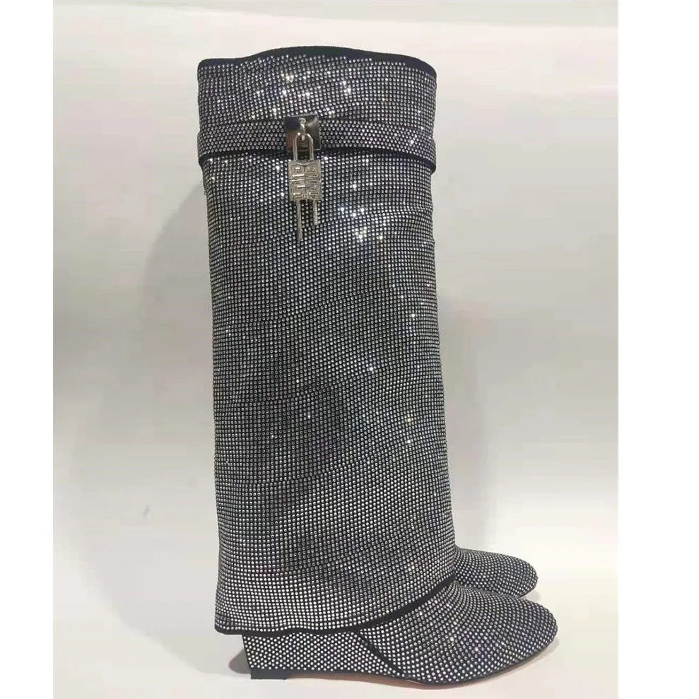 Bottes Hautes Femme Type 'Shark Boots' - Cuir Synthétique, Bout Pointu, Talon Plateforme, Tige Genou - 8